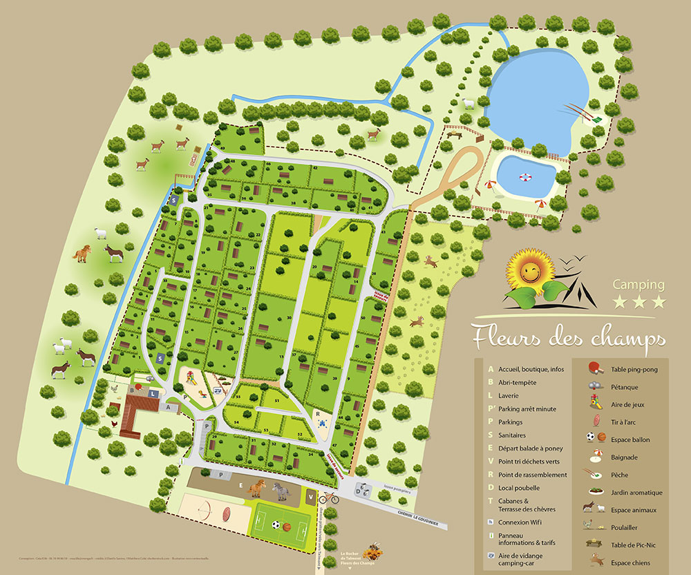 Le plan du camping fleurs des champs, son lac aménagé avec baignade, son espace de sport, son étang de pêche 